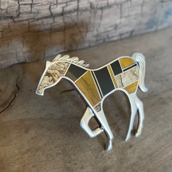 Zuni Inlay Horse Pin Brooch Tiger Eye, Onyx, Jasper, Sterling Silver - Picture 9 of 13